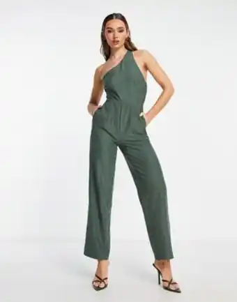 Asos Lola may one shoulder open back jumpsuit in khaki tilbud