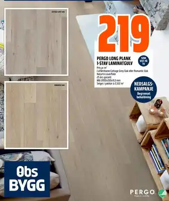 Obs Bygg Pergo long plank. som. 1-stav laminatgulv tilbud