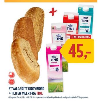 Coop Prix Et valgfritt grovbrød + 1 liter melk fra tine tilbud
