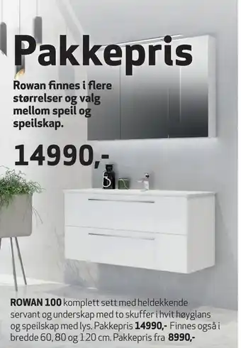 Flisekompaniet Rowan 100 komplett sett med heldekkende servant og underskap med to skuffer tilbud