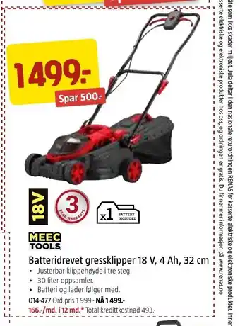 Jula Batteridrevet Gressklipper 18V, 4 Ah, 32cm tilbud