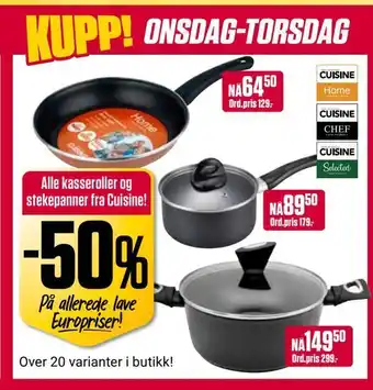 Europris Alle kasseroller og stekepanner fra cuisine! tilbud