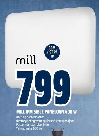 Obs Bygg Mill invisible panelovn 600 w tilbud