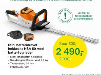 Felleskjøpet Stihl batteridrevet hekksaks hsa 50 med batteri og lader tilbud
