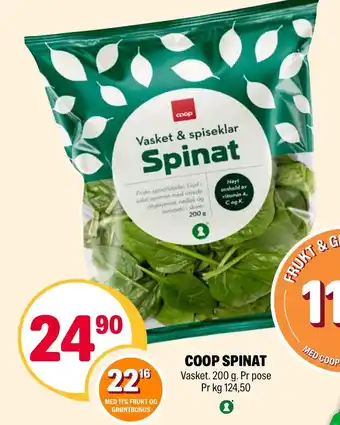 Coop Extra COOP SPINAT Vasket. 200 g. Pr Pr kg 124,50 tilbud