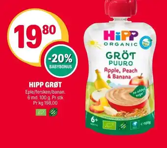 Coop Extra HIPP GRØT Eple/fersken/banan. 6 md. 100 g. Pr stk Pr kg 198,00 tilbud