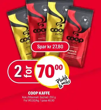 Coop Extra COOP KAFFE Kok-/filtermalt. Gul/rød. 250 g Fra 140,00/kg. 1 pose 48,90 tilbud