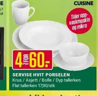 Europris SERVISE HVIT PORSELEN Krus / Asjett / Bolle / Dyp tallerken Flat tallerken 17,90/stk tilbud