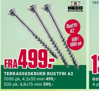 Europris TERRASSESKRUER RUSTFRI A2 1000-pk, 4,2x55 mm 499,-500-pk, 4,8x75 mm 599,- tilbud
