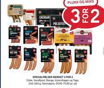 Rema 1000 SPESIALPØLSER MERKET 3 FOR 2 Gilde, Nordfjord, Stange, Kolonihagen og Taga, 240-560 g, Normalpris: 29,90-79,00 pr. stk tilbud
