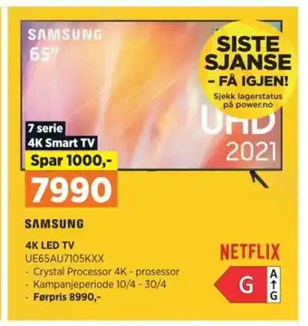 POWER SAMSUNG 4K LED TV UE65AU7105KXX tilbud
