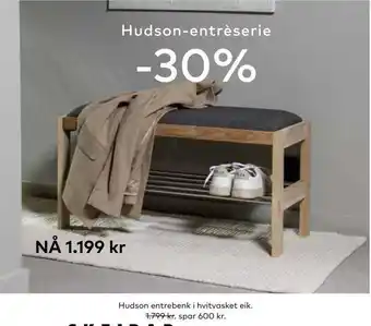 Skeidar Hudson entrebenk i hvitvasket eik tilbud