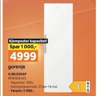 POWER Gorenje KJØLESKAP RP619EEW5 tilbud