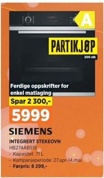 POWER SIEMENS INTEGRERT STEKEOVN HB274ABSIS tilbud