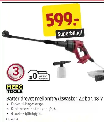 Jula MEEC TOOLS Batteridrevet mellomtrykksvasker 22 bar, 18 V tilbud