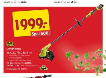 Jula Gresstrimmer 36 v, 2,0 ah, 28/33 cm tilbud