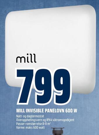 Obs Bygg Mill invisible panelovn 600 w tilbud