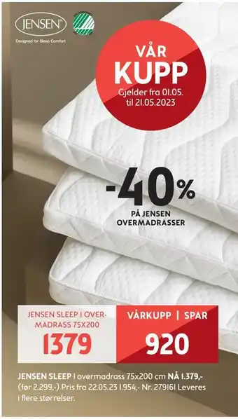 Bohus Jensen sleep 1 overmadrass 75x200 tilbud