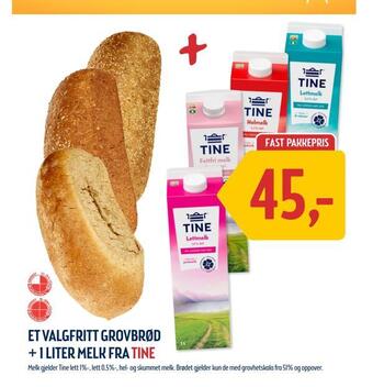 Coop Prix Et valgfritt grovbrød + 1 liter melk fra tine tilbud