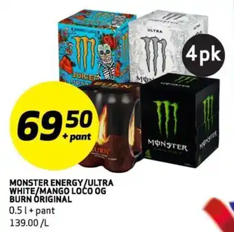 Bunnpris MONSTER ENERGY/ULTRA WHITE/MANGO LOCO OG BURN ORIGINAL tilbud