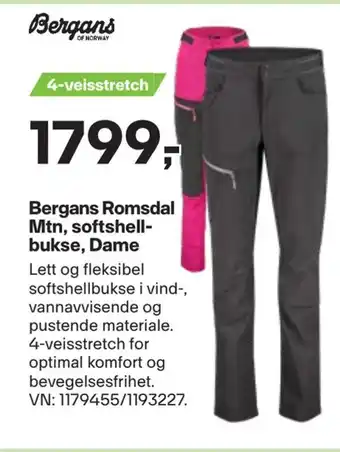 XXL Sport Bergans romsdal mtn, softshellbukse, dame tilbud