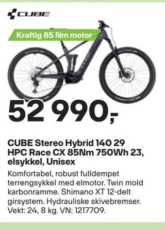 XXL Sport Cube stereo hybrid 140 29 hpc race cx 85nm 750wh 23, elsykkel, unisex tilbud