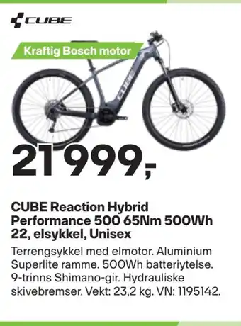 XXL Sport Cube reaction hybrid performance 500 65nm 500wh 22, elsykkel, unisex tilbud