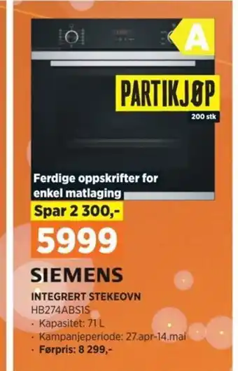 POWER SIEMENS INTEGRERT STEKEOVN HB274ABS1S tilbud