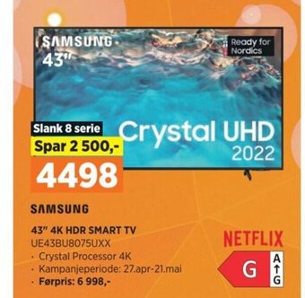 POWER SAMSUNG 43" 4K HDR SMART TV UE43BU8075UXX tilbud