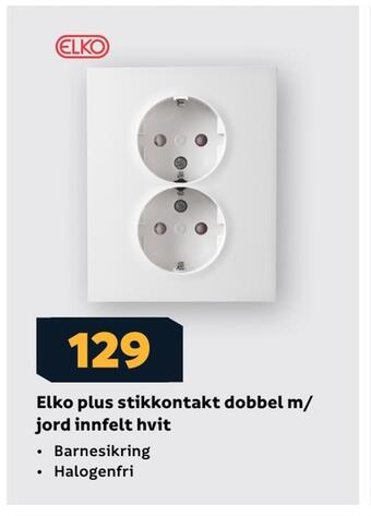 Megaflis Elko plus stikkontakt dobbel m/ jord innfelt hvit tilbud