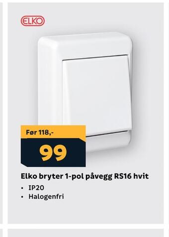 Megaflis Elko bryter 1-pol påvegg rs16 hvit tilbud
