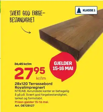 Byggmax 28x120 terrassebord royalimpregnert tilbud