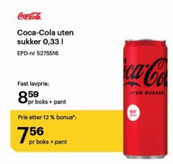 Storcash Coca-Cola uten sukker 0,33 L tilbud