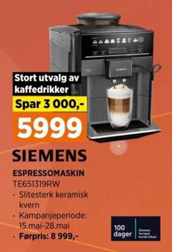 POWER SIEMENS ESPRESSOMASKIN TE651319RW tilbud