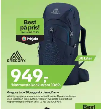 XXL Sport Gregory jade 38, ryggsekk dame, dame tilbud