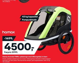 XXL Sport Hamax avenida twin, sykkelvogn med trillevognhjul, to barn tilbud