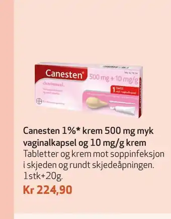 Apotek 1 Canesten 1%* krem 500 mg myk vaginalkapsel og 10 mg/g krem tilbud