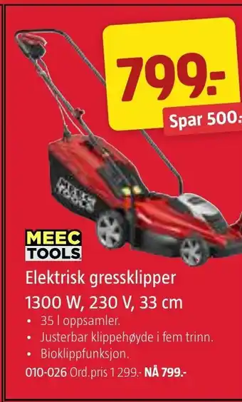 Jula MEEC TOOLS Elektrisk gressklipper 1300W 230 V 33 cm tilbud