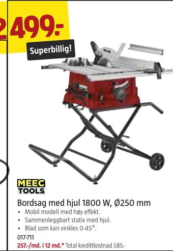 Jula MEEC TOOLS Bordsag med hjul 1800 W, Ø250 mm tilbud