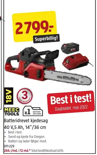 Jula MEEC TOOLS Batteridrevet kjedesag 40 V, 5 Ah, 14"/36cm tilbud