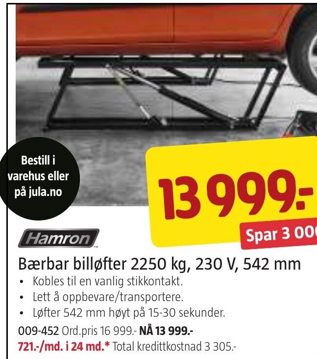 Jula Bærbar billøfter 2250 kg, 230 V, 542 mm tilbud