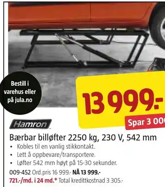 Jula Bærbar billøfter 2250 kg, 230 V, 542 mm tilbud