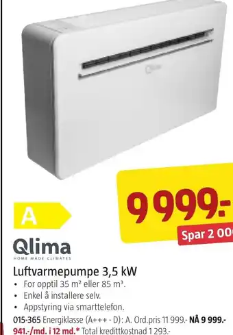 Jula Qlima Luftvarmepumpe 3,5 kW tilbud
