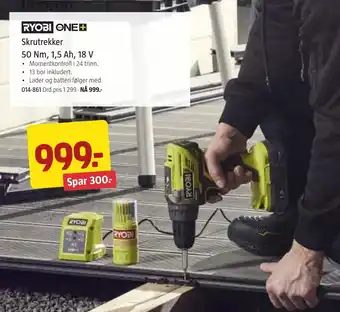 Jula RYOBI ONE+ Skrutrekker 50Nm, 1.5 Ah, 18V tilbud