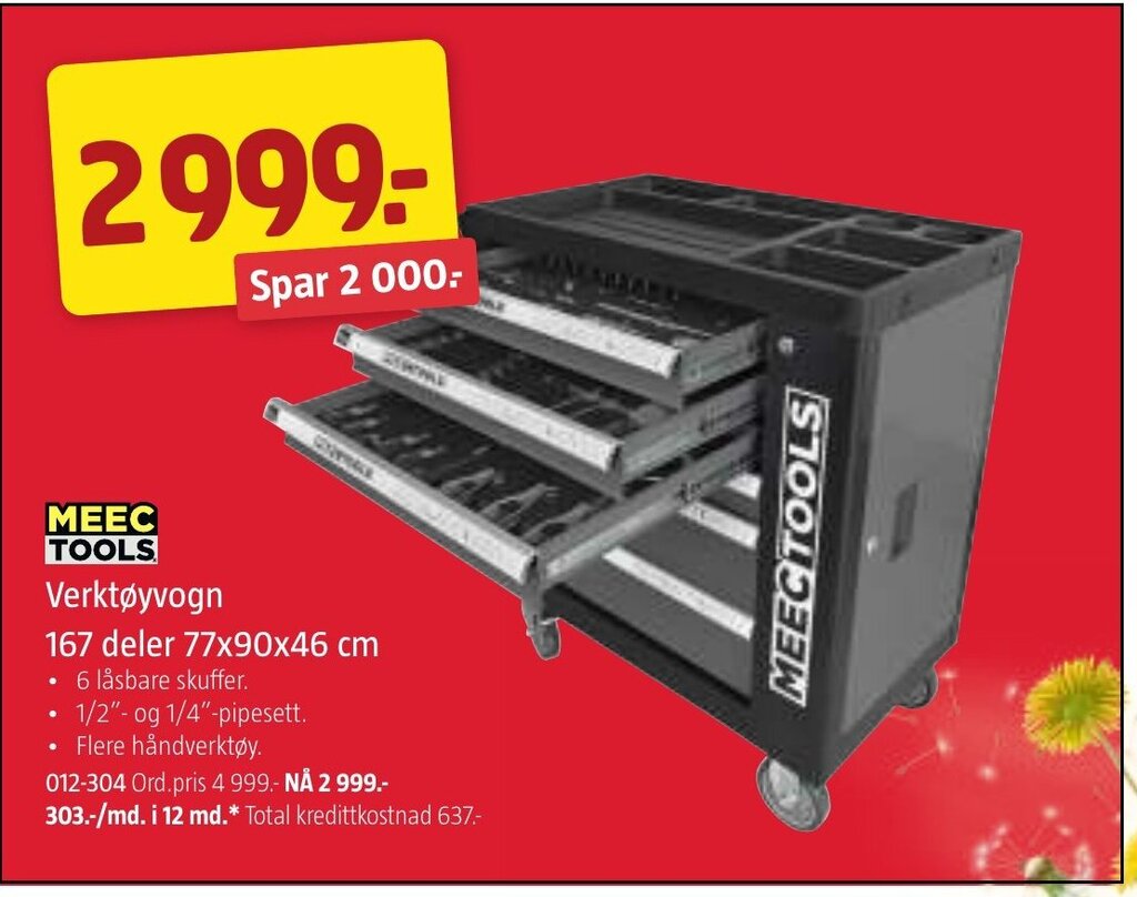 Jula MEEC TOOLS Verktøyvogn 167 deler 77x90x46 cm tilbud