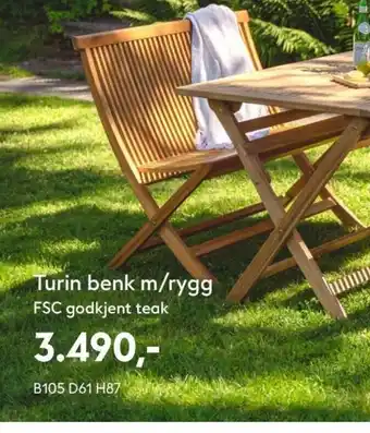Hageland Turin benk m/rygg FSC godkjent teak tilbud