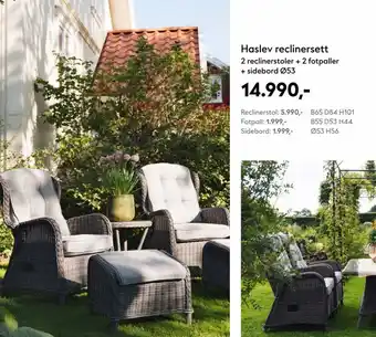 Hageland Haslev reclinersett 2 reclinerstoler + 2 fotpaller + sidebord Ø53 tilbud