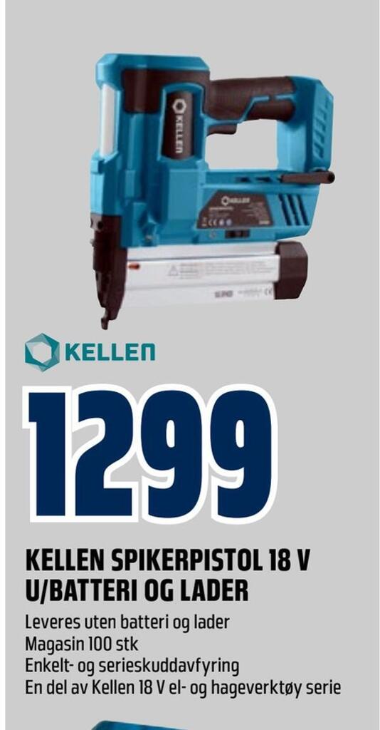 Obs Bygg Kellen spikerpistol 18 v u/batteri og lader tilbud