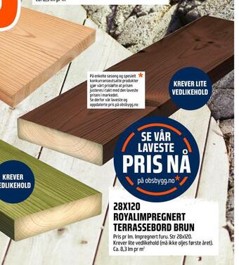 Obs Bygg 28x120 royalimpregnert terrassebord brun tilbud