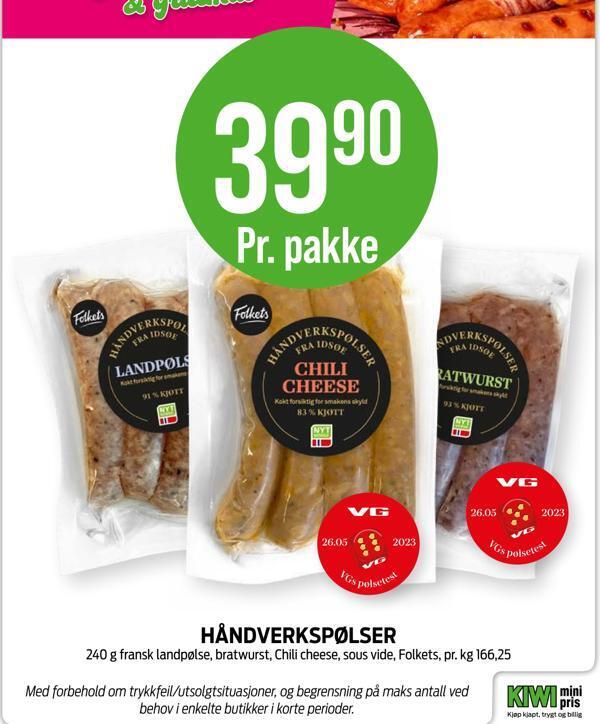Kiwi Håndverkspølser tilbud